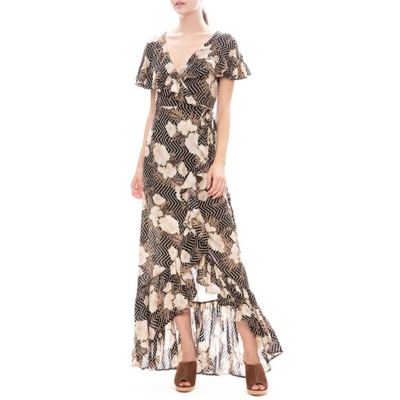 Amuse Society Dresses & Skirts - Amuse Society Frill Seeker Maxi Wrap Dress Womens Small Black Tan Floral  Ruffle